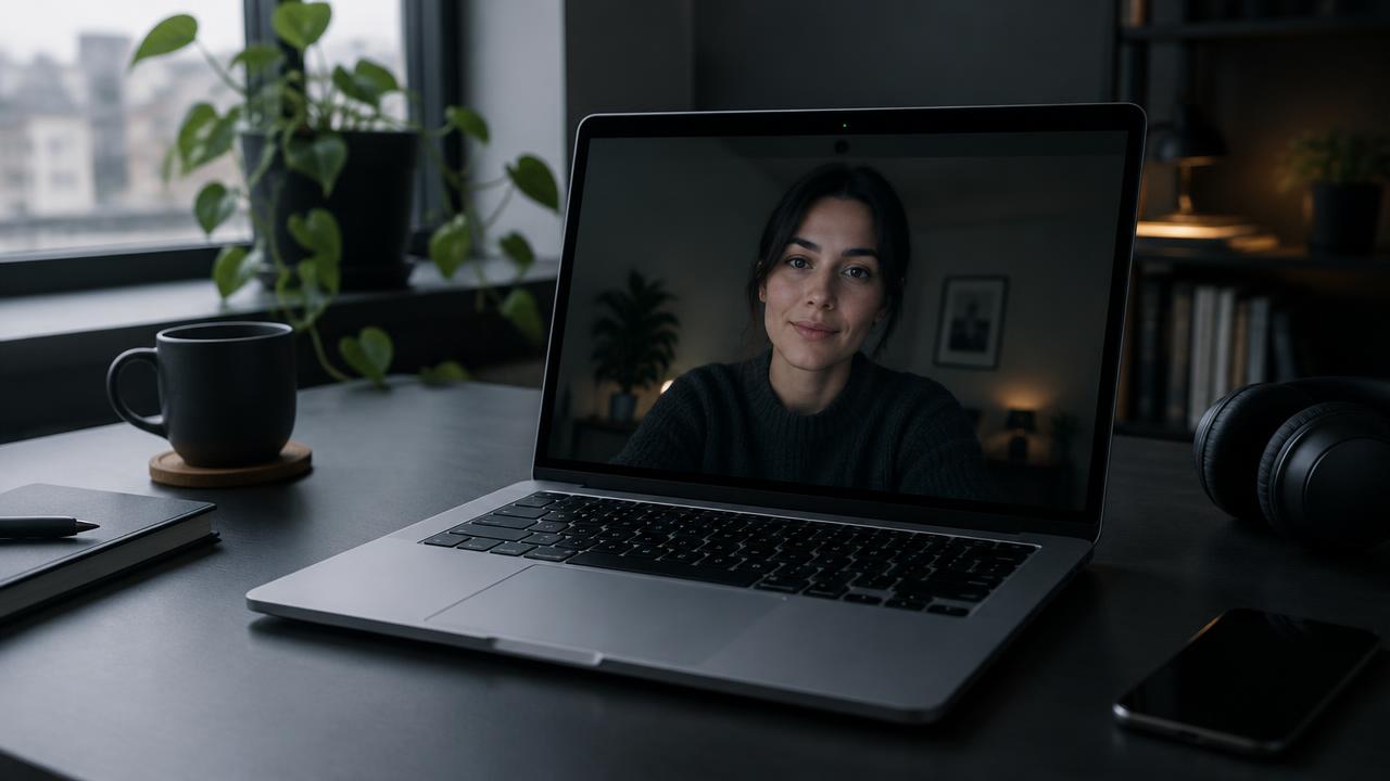 MacBook on a desk showing a live camera preview during a Mac camera test