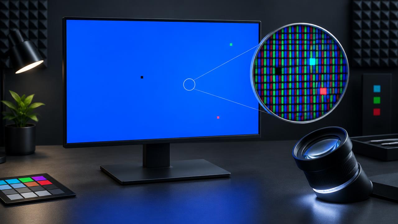 Monitor displaying dead and stuck pixels with a magnified pixel grid