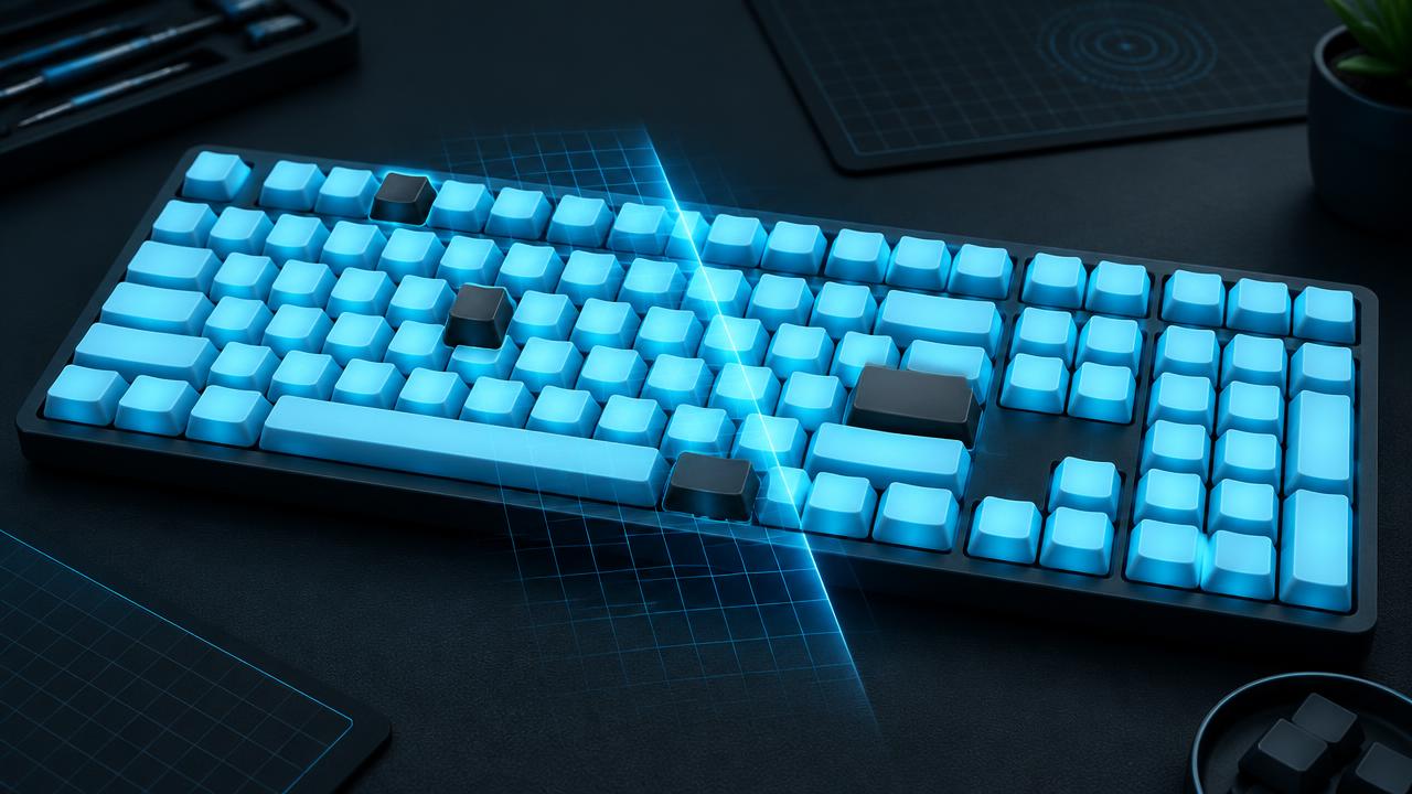 Illuminated keyboard with several unresponsive dark keys under a diagnostic scan