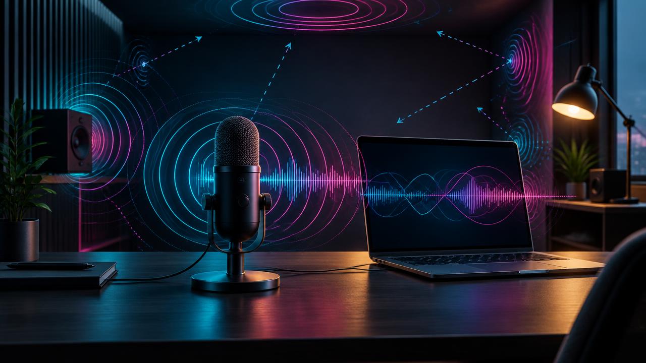Desktop microphone surrounded by reflected sound waves and an audio waveform
