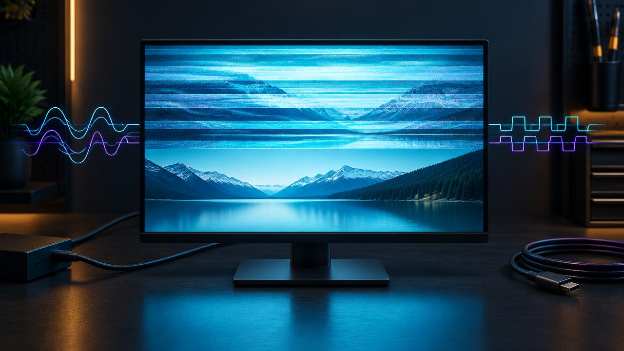 Monitor showing horizontal flicker bands during a display diagnostic